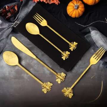 Kitchen Utensils Set, Silverware Dinnerware Sets, Black Utensil Corelle Home Essentials for New Dish...