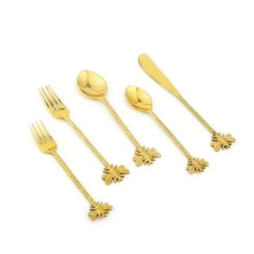 Kitchen Utensils Set, Silverware Dinnerware Sets, Black Utensil Corelle Home Essentials for New Dishes Spoons and Forks & Cutlery Gold Dish Apartment Pack of - 5 Golden Bee Cutlery