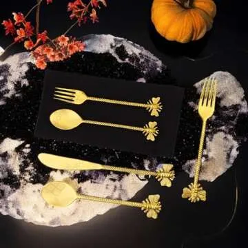 Kitchen Utensils Set, Silverware Dinnerware Sets, Black Utensil Corelle Home Essentials for New Dishes Spoons and Forks & Cutlery Gold Dish Apartment Pack of - 5 Golden Bee Cutlery