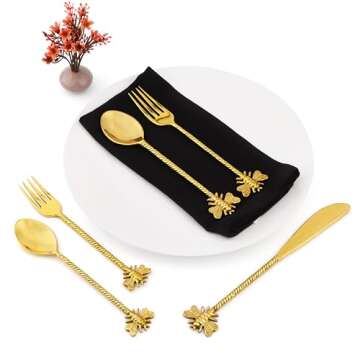 Kitchen Utensils Set, Silverware Dinnerware Sets, Black Utensil Corelle Home Essentials for New Dishes Spoons and Forks & Cutlery Gold Dish Apartment Pack of - 5 Golden Bee Cutlery