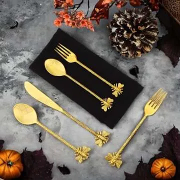 Kitchen Utensils Set, Silverware Dinnerware Sets, Black Utensil Corelle Home Essentials for New Dishes Spoons and Forks & Cutlery Gold Dish Apartment Pack of - 5 Golden Bee Cutlery