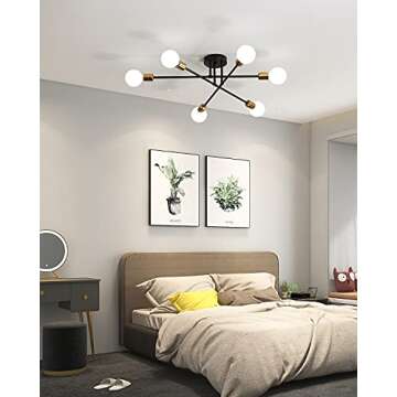 Biewalk Mid Century Sputnik Chandelier Light Fixture Semi Flush Mount Ceiling Light Black for Living Room, Kitchen, Bedroom, Dining Room (6 Light)