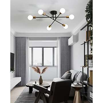 Biewalk Mid Century Sputnik Chandelier Light Fixture Semi Flush Mount Ceiling Light Black for Living Room, Kitchen, Bedroom, Dining Room (6 Light)