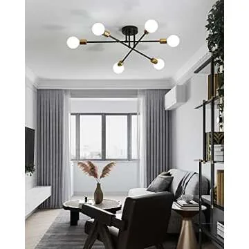 Biewalk Mid Century Sputnik Chandelier Light Fixture Semi Flush Mount Ceiling Light Black for Living Room, Kitchen, Bedroom, Dining Room (6 Light)