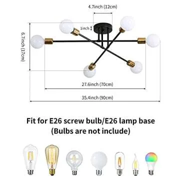 Biewalk Mid Century Sputnik Chandelier Light Fixture Semi Flush Mount Ceiling Light Black for Living Room, Kitchen, Bedroom, Dining Room (6 Light)