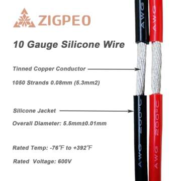 ZIGPEO 10 AWG Silicone Wire 50FT, Extra Flexible 10 Gauge Stranded Copper Wire, High Temp 392℉ 600...