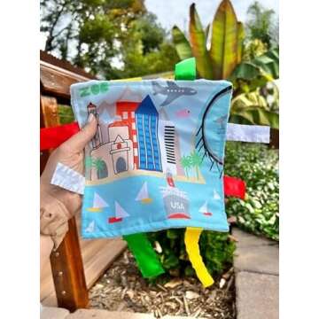 Baby Jack & Co 8x8” Learning Lovey San Diego California Tag Toys for Babies - Baby Crinkle Toys - Soft & Safe - Learn USA Cities and Shapes - Ideal Baby Toy & Gift BPA Free w/Stroller Clip