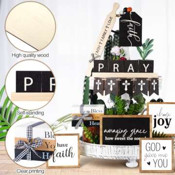 Tatuo 13 Pcs Religious Tiered Tray Decor Set Faith Wooden Table Decor Christian Farmhouse Decorations Rustic Faith Pray Cross Wood Block Signs for Home Church Tabletop Centerpieces Easter Decor