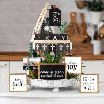 Tatuo 13 Pcs Religious Tiered Tray Decor Set Faith Wooden Table Decor Christian Farmhouse Decorations Rustic Faith Pray Cross Wood Block Signs for Home Church Tabletop Centerpieces Easter Decor