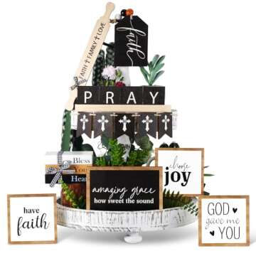 Tatuo 13 Pcs Religious Tiered Tray Decor Set Faith Wooden Table Decor Christian Farmhouse Decorations Rustic Faith Pray Cross Wood Block Signs for Home Church Tabletop Centerpieces Easter Decor