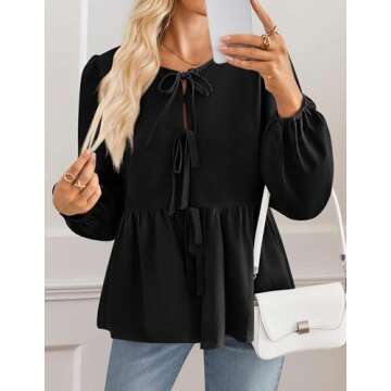 ZESICA Womens Tie Front Long Puff Sleeve Blouse - Chic Peplum Fashion