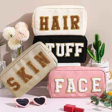 Cunno 4 Pcs Preppy Makeup Bags Chenille Letter Stuff Bag Nylon Cosmetic Pouch Cases with Zipper for Women Travel Toiletry(Cute Color,Vivid)