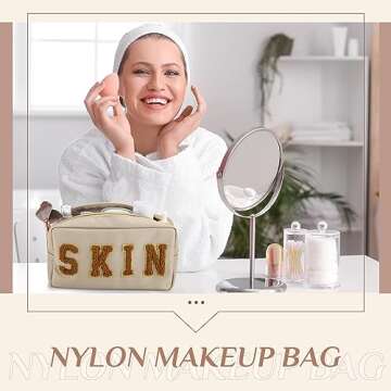 Cunno 4 Pcs Preppy Makeup Bags Chenille Letter Stuff Bag Nylon Cosmetic Pouch Cases with Zipper for Women Travel Toiletry(Cute Color,Vivid)