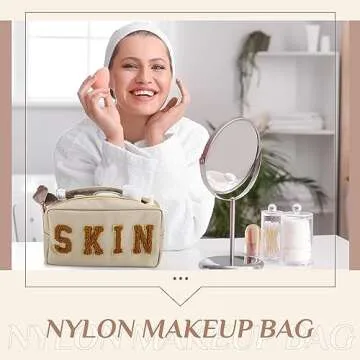 Cunno 4 Pcs Preppy Makeup Bags Chenille Letter Stuff Bag Nylon Cosmetic Pouch Cases with Zipper for Women Travel Toiletry(Cute Color,Vivid)