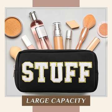 Cunno 4 Pcs Preppy Makeup Bags Chenille Letter Stuff Bag Nylon Cosmetic Pouch Cases with Zipper for Women Travel Toiletry(Cute Color,Vivid)