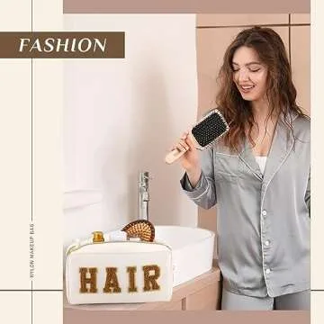 Cunno 4 Pcs Preppy Makeup Bags Chenille Letter Stuff Bag Nylon Cosmetic Pouch Cases with Zipper for Women Travel Toiletry(Cute Color,Vivid)