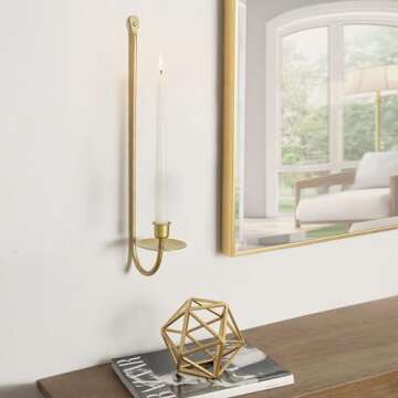 Remenna Metal Wall Candle Sconce Holder Set of 2 Wall Mount Candle Holder Pillar Holder Modern Wall Candle Sconces Hanging for Living Room Farmhouse Fireplace Wedding 16.5"×5"×3" (Gold)