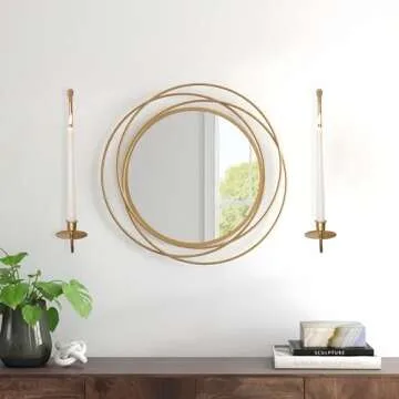 Remenna Metal Wall Candle Sconce Holder Set of 2 Wall Mount Candle Holder Pillar Holder Modern Wall Candle Sconces Hanging for Living Room Farmhouse Fireplace Wedding 16.5"×5"×3" (Gold)