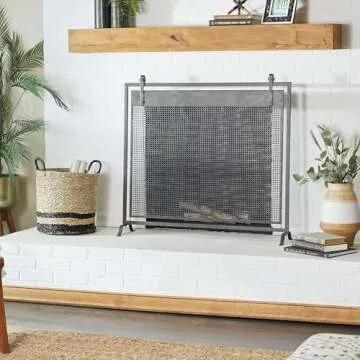 Deco 79 Metal Geometric Living Room Fireplace Screen Suspended Grid Single Panel Fire Spark Guard with Bolted Detailing, Screen 38" x 9" x 35", Black