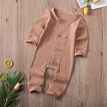 Muasaaluxi Unisex Baby Girls Boys One Piece Romper Solid Color Long Sleeve Bodysuit Button Jumpsuit Pajamas Clothes (Khaki, 12-18M)