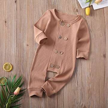 Muasaaluxi Unisex Baby Girls Boys One Piece Romper Solid Color Long Sleeve Bodysuit Button Jumpsuit Pajamas Clothes (Khaki, 12-18M)