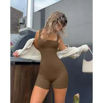 OQQ Women 2 Piece Rompers Yoga Stretch Strappy Square Neck Sleeveless Exercise Rompers Black Coffee