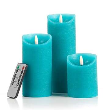 glowiu Teal Candle Pillar Realistic Wick Battery Operated Candles Set of 3 Single Slim Sphere Turquo...