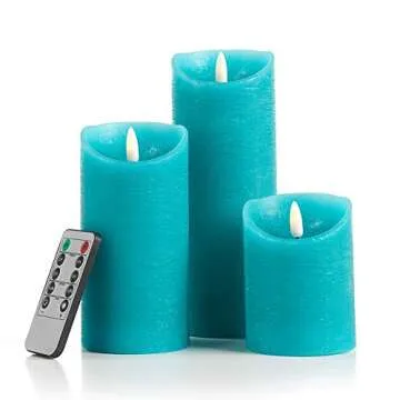 glowiu Teal Candle Pillar Realistic Wick Battery Operated Candles Set of 3 Single Slim Sphere Turquo...