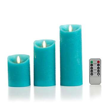 glowiu Teal Candle Pillar Realistic Wick Battery Operated Candles Set of 3 Single Slim Sphere Turquoise Candles Electric Home Decor with 10-Key Remote Multi-Function (3, H 4" 6" 8" x D3)
