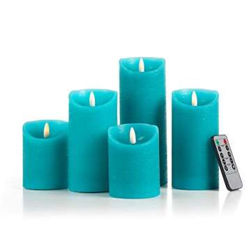 glowiu Teal Candle Pillar Realistic Wick Battery Operated Candles Set of 3 Single Slim Sphere Turquoise Candles Electric Home Decor with 10-Key Remote Multi-Function (3, H 4" 6" 8" x D3)