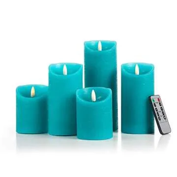 glowiu Teal Candle Pillar Realistic Wick Battery Operated Candles Set of 3 Single Slim Sphere Turquoise Candles Electric Home Decor with 10-Key Remote Multi-Function (3, H 4" 6" 8" x D3)