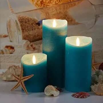 glowiu Teal Candle Pillar Realistic Wick Battery Operated Candles Set of 3 Single Slim Sphere Turquoise Candles Electric Home Decor with 10-Key Remote Multi-Function (3, H 4" 6" 8" x D3)