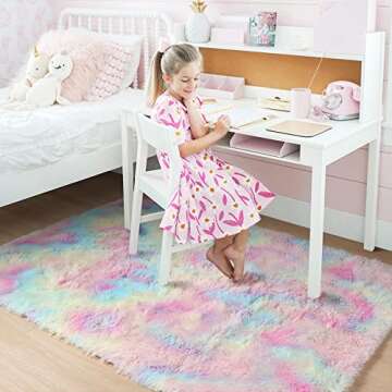 Rainbow Rugs for Girls Bedroom Living Room, 6x9 Rug, Fluffy Unicorn Decor, Pastel Area Rug for Kids, Fuzzy Shag Carpet for Baby Nursery, Playroom, Soft Plush Throw Mat