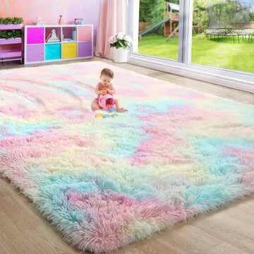 Rainbow Rugs for Girls Bedroom Living Room, 6x9 Rug, Fluffy Unicorn Decor, Pastel Area Rug for Kids, Fuzzy Shag Carpet for Baby Nursery, Playroom, Soft Plush Throw Mat