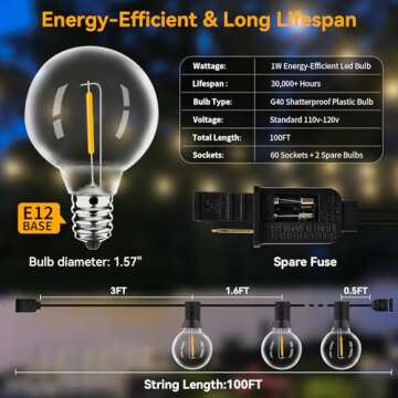 Arbrac 100ft Outdoor String Lights Waterproof/Connectable/Dimmable with 62 LED Shatterproof Bulbs UL Listed, G40 Globe 2700K Patio Lights Outdoor Lighting for Backyard Porch Cafe Party Wedding Garden