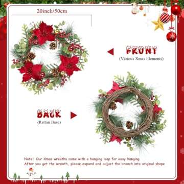 U'Artlines 20 Inch Christmas Wreaths for Front Door, Winter Holiday Door Wreath with Red Berries Pine Cones Poinsettias Wreath for Door Window Wall Indoor Outdoor (Include Xmas Wreath Storage Bag)