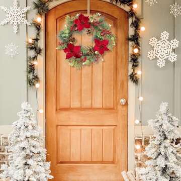 U'Artlines 20 Inch Christmas Wreaths for Front Door, Winter Holiday Door Wreath with Red Berries Pine Cones Poinsettias Wreath for Door Window Wall Indoor Outdoor (Include Xmas Wreath Storage Bag)