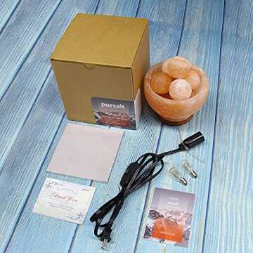 pursalt Himalayan Pink Salt Lamp Bowl with Heated Massage Balls, Natural Crystal Salt Rock Table Lamp from Pakistan for Home Gifts, 2 Replacement 25W Bulbs & Hand Carved Taly Wood Base