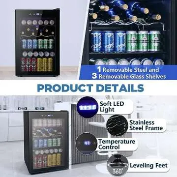 Joy Pebble Beverage Refrigerator Cooler 4.4 Cu.Ft,145 Can Mini Fridge with Glass Door for Beer Soda Wine,Drink Drink Fridge with Adjustable Thermostat,Beverage Fridge for Bar Home Office