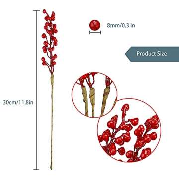 GREENTIME 16 Pack Artificial Red Berry Stems Holly for Christmas Tree Decorations for New Year's Eve...