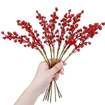 GREENTIME 16 Pack Artificial Red Berry Stems Holly for Christmas Tree Decorations for New Year's Eve Decor, Holiday and Home Crafts