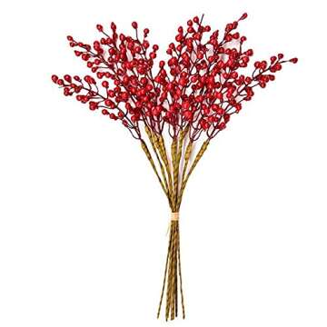 GREENTIME 16 Pack Artificial Red Berry Stems Holly for Christmas Tree Decorations for New Year's Eve Decor, Holiday and Home Crafts