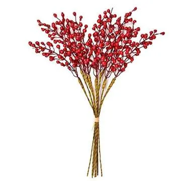 GREENTIME 16 Pack Artificial Red Berry Stems Holly for Christmas Tree Decorations for New Year's Eve Decor, Holiday and Home Crafts