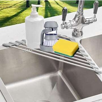 SHUYUE Triangle Dish Drying Rack for Sink Corner Roll Up Folding Stainless Steel Multipurpose Over T...