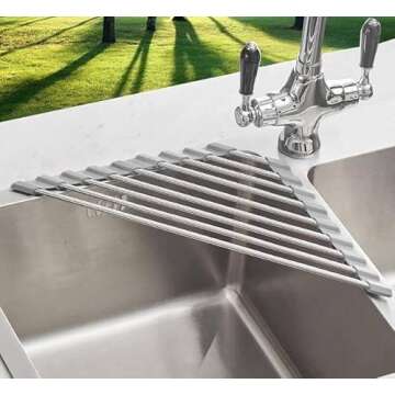 SHUYUE Triangle Dish Drying Rack for Sink Corner Roll Up Folding Stainless Steel Multipurpose Over The Sink Dish Drainer Mat for Kitchen (Grey)