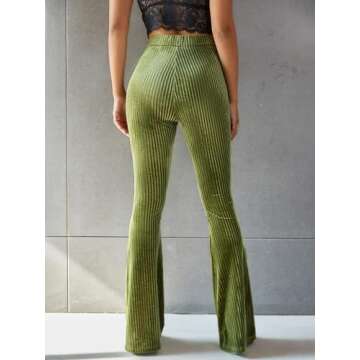 Floerns Women's Velvet Elastic Waist Flare Leg Palazzo Long Pants Trousers A Olive Green S