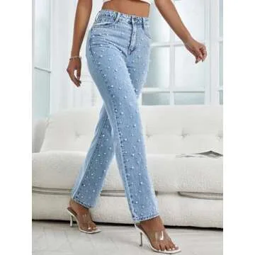 Kedera Women Pearls Beaded Flare Leg Jeans Loose Fit Stretchy Casual Straight Jeans Denim Trousers