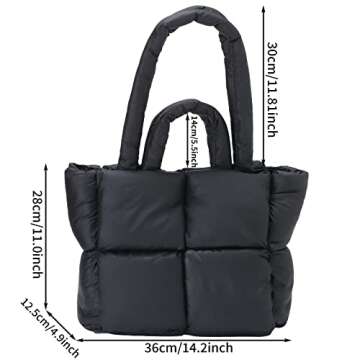 Ovida Women Large Puffer Tote Bag Quilted Top-Handle Christmas Shoulder Bag Soft Down Cotton Padded Tote Handbag with Zippers (A01-Black)