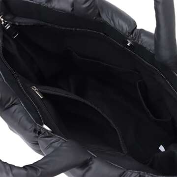 Ovida Women Large Puffer Tote Bag Quilted Top-Handle Christmas Shoulder Bag Soft Down Cotton Padded Tote Handbag with Zippers (A01-Black)