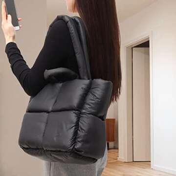 Ovida Women Large Puffer Tote Bag Quilted Top-Handle Christmas Shoulder Bag Soft Down Cotton Padded Tote Handbag with Zippers (A01-Black)